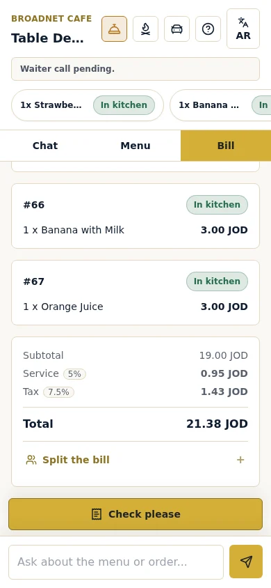 Real screenshot: the guest’s live bill with service charge and tax.