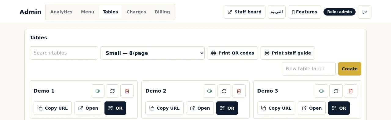 Owner Tables page with Demo 1, Demo 2 and Demo 3, each with Copy URL, Open and QR buttons, and Print QR codes and Print staff guide buttons.