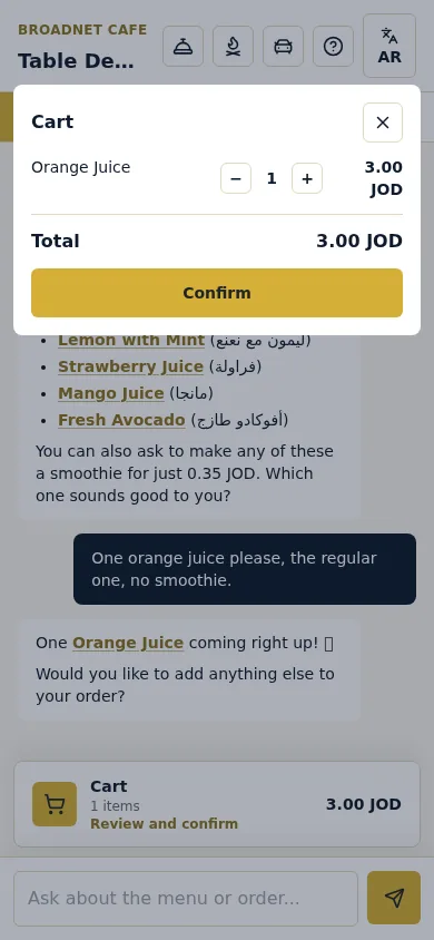 Cart sheet with Orange Juice, quantity buttons, total 3.00 JOD and a Confirm button.