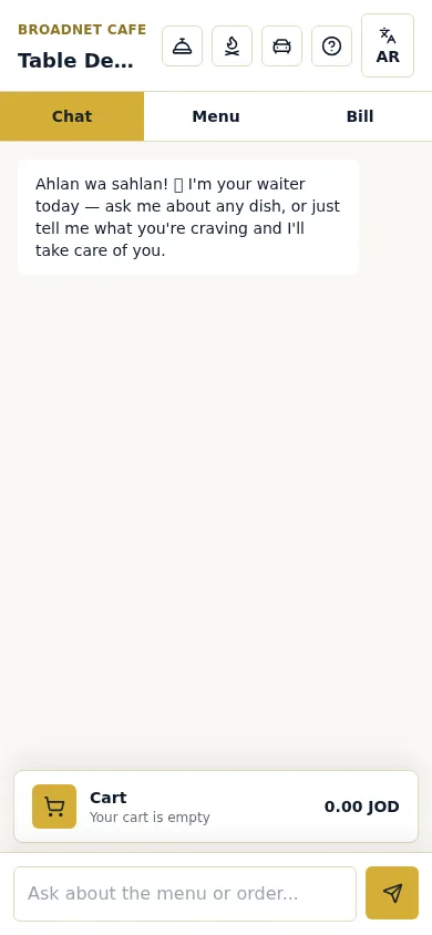 Guest phone screen at Broadnet Cafe: a welcome message in the chat, Chat, Menu and Bill tabs, header buttons, an AR language switch and an empty cart.