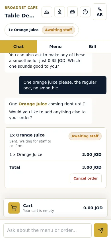 Order card for 1 orange juice marked Awaiting staff, with the text Sent. Waiting for staff to confirm, and a Cancel order button.