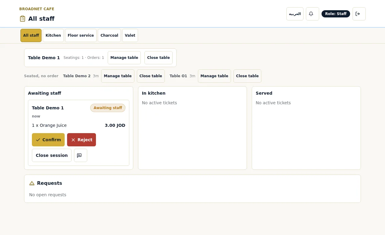 Staff board for Broadnet Cafe with station tabs and three columns; a ticket for Table Demo 1, 1 orange juice, sits in Awaiting staff with Confirm and Reject buttons.